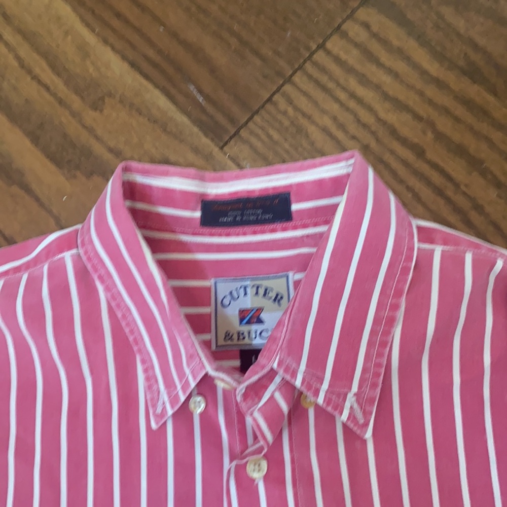 Cutter & Buck long sleeve shirt button down front pink White stripe Large EUC